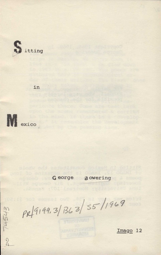 Title Page, George Bowering, Sitting in Mexico (1965)